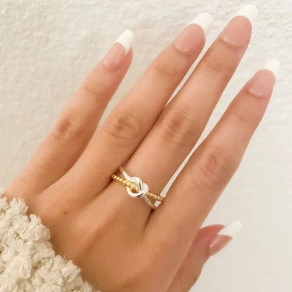 925 Sterling Silver Two Tone Ring Braided Knot Ring Cross Ring Silver & Gold - Picture 4 of 10